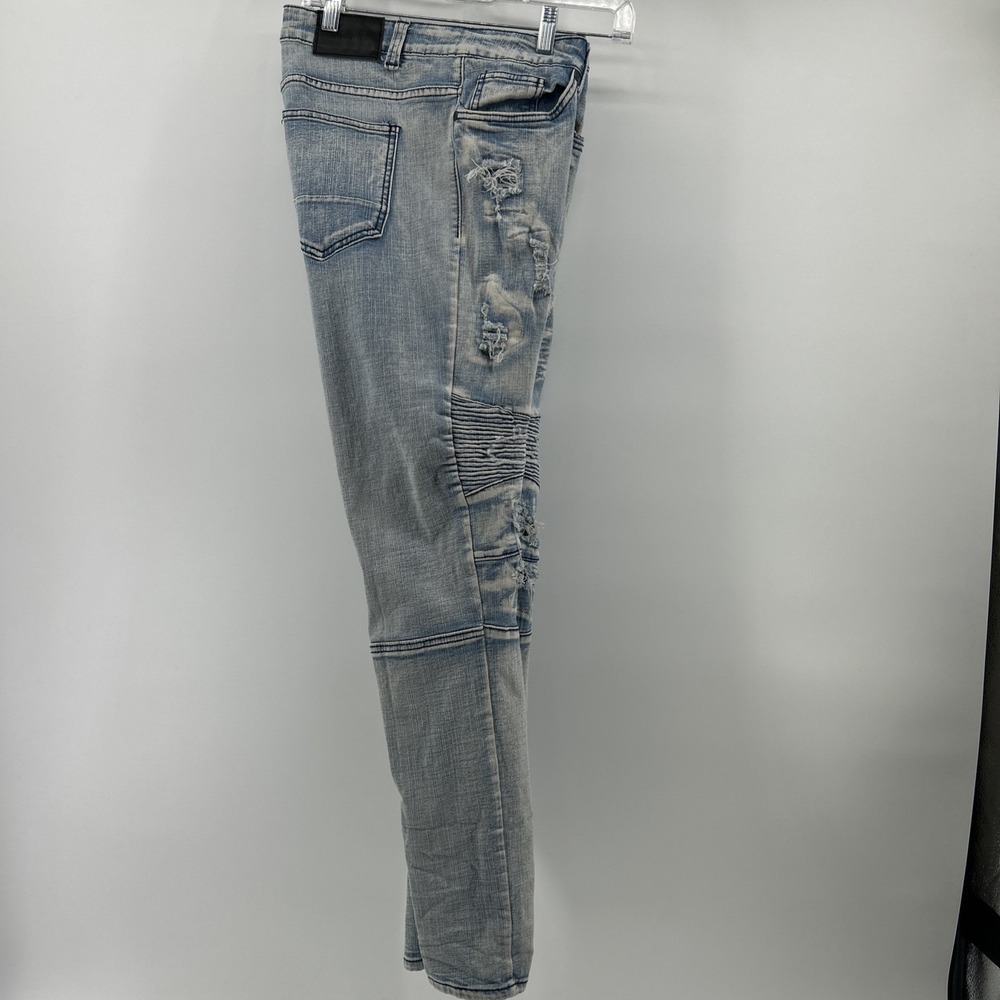 Encrypted Men's 34 Jeans Moto Biker Distress Rip Repair Stretch Light Wash Grung